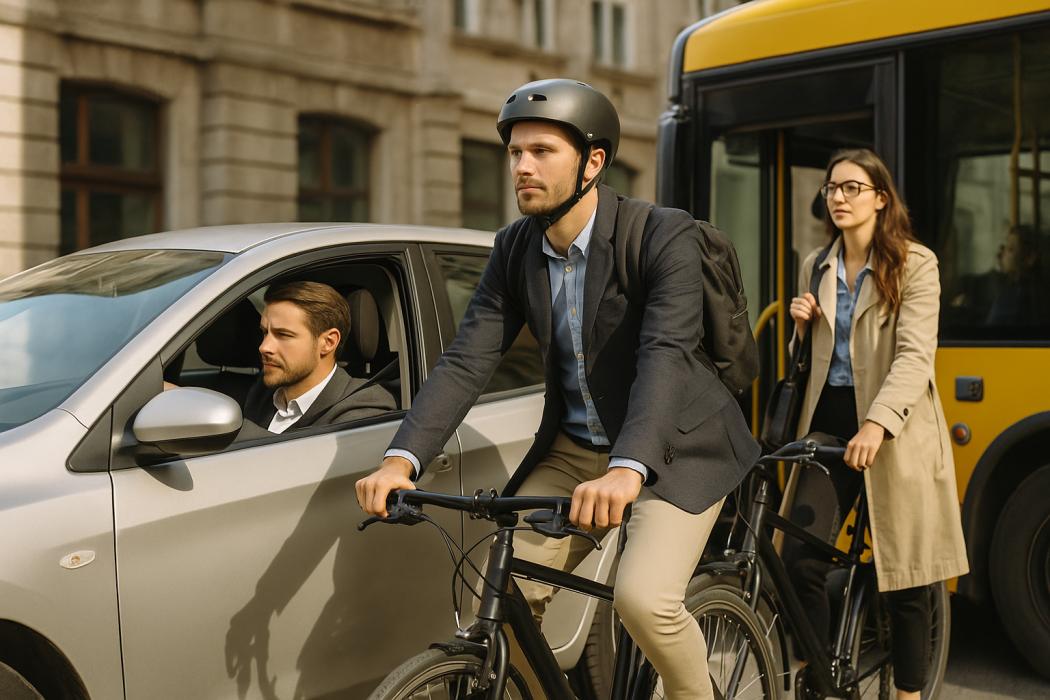 Von AI fotorealistisch erstellt: Das Auto kommt bei VM-Pendlern vor dem Rad und dem ÖPNV. | Foto: Chat GPT