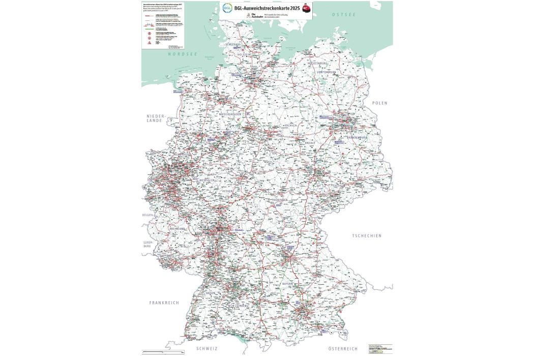 Unterstützung für die Sommermonate: Die BGL-Ausweichstreckenkarte 2025 zeigt gesperrte Abschnitte und Alternativrouten für Lkw – jetzt abrufbar in der App der Autobahn GmbH. (Grafik: BGL)