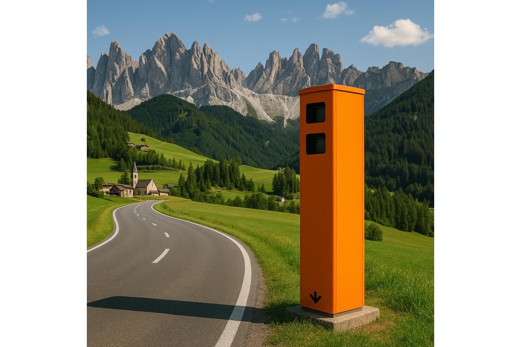 seit 25.6.2025 gelten in Italien neue Gesetze: Fest installierte Blitzer müssen klar erkennbar und zertifiziert sein - im Idealfall wie hier auf dem KI-generierten Foto. | Foto: VM KI