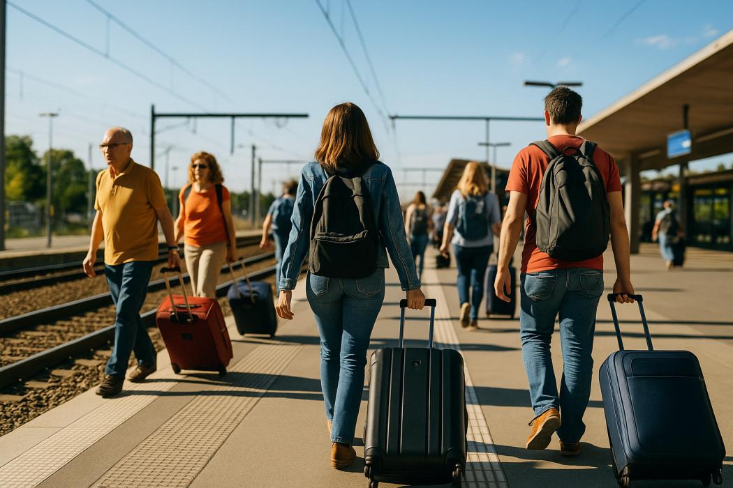 Reisende auf dem Bahnsteig: Auch 2024 war das Auto das meistgenutzte Verkehrsmittel für mehrtägige Reisen, doch rund jeder fünfte Reisende nutzte die Bahn für Inlands- und Auslandsfahrten. (Symbolbild) | Foto: KI-generiert
