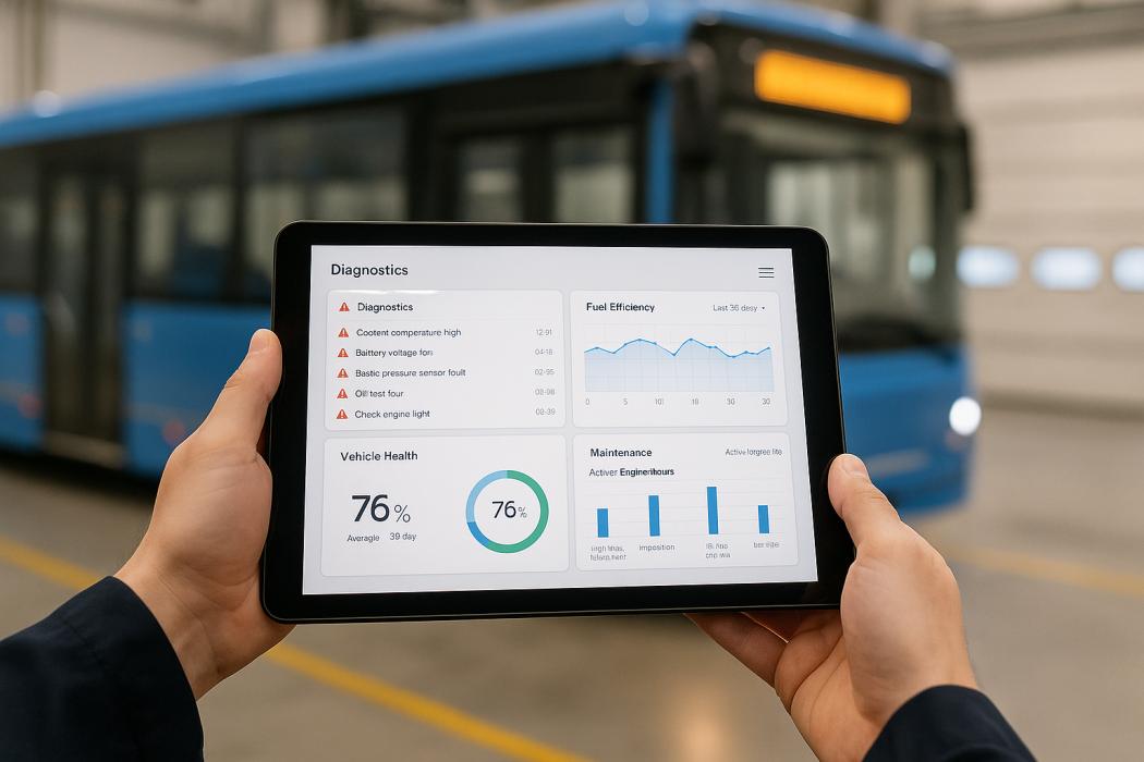 Digitale Busdiagnose per Tablet: Die cloudbasierte Plattform ermöglicht eine umfassende Analyse von Fahrzeugdaten in Echtzeit. | Symbolbild: KI-generiert