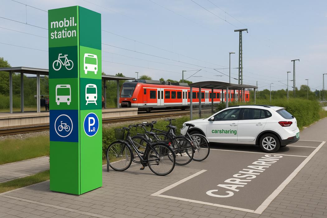 Eine Mobilstation am Bahnhof mit Fahrradstellplätzen und Carsharing-Angebot: Solche multimodalen Knotenpunkte erleichtern den Umstieg zwischen Verkehrsmitteln und fördern nachhaltige Mobilität – auch im ländlichen Raum. | Foto: Symbolbild, KI