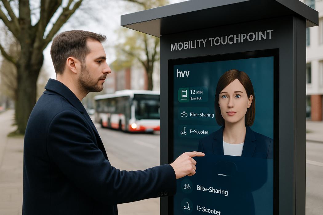 Symbolbild: So könnte eine zukünftige hvv-Haltestelle mit Mobility Touchpoint aussehen – der KI-gestützte Avatar informiert über Echtzeitdaten und vernetzte Mobilitätsangebote. | Foto: KI