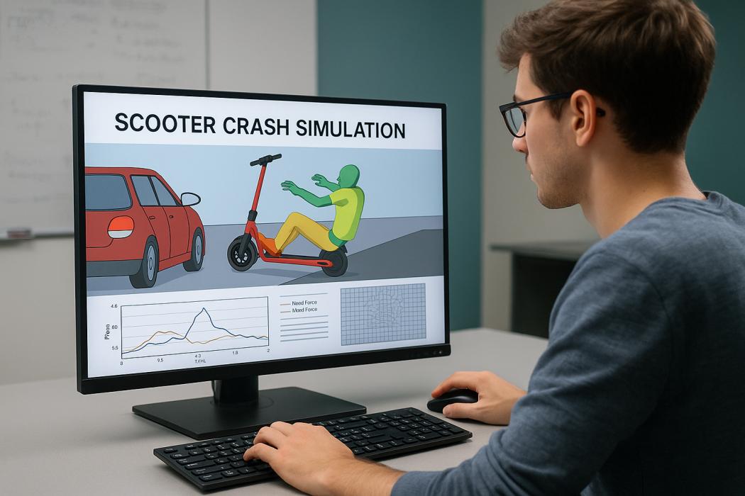 Symbolbild: Forschung zu Verkehrssicherheit – simulierte E-Scooter-Unfallszene am Bildschirm, angelehnt an Themen der ausgezeichneten Arbeiten. (KI-generiertes Bild)