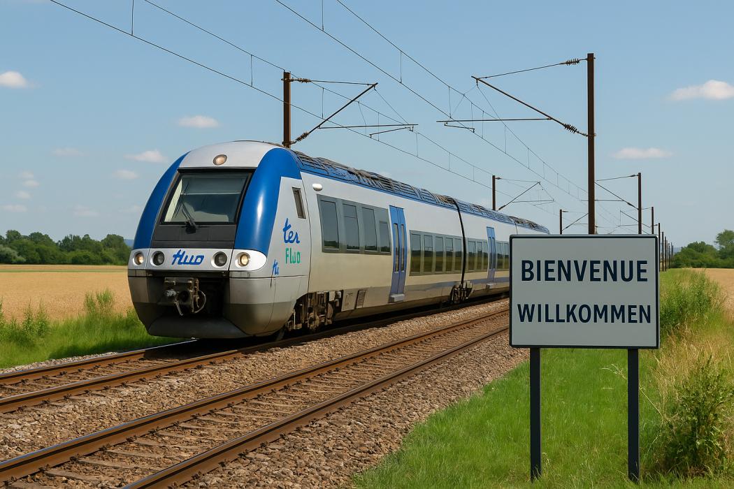 Ein TER Fluo-Regionalzug an der deutsch-französischen Grenze – Symbolbild zur länderübergreifenden ÖPNV-Aktion für junge Fahrgäste im Sommer 2025. | Foto: KI-generiert