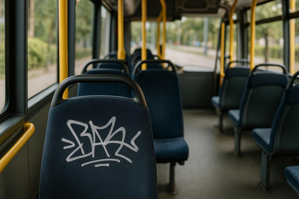 Symbolbild: Beschmierter Sitz in einem leeren Linienbus – Vandalismus zählt laut Busunternehmen zu den häufigsten Problemen im Schülerverkehr. | Foto: KI-generiert