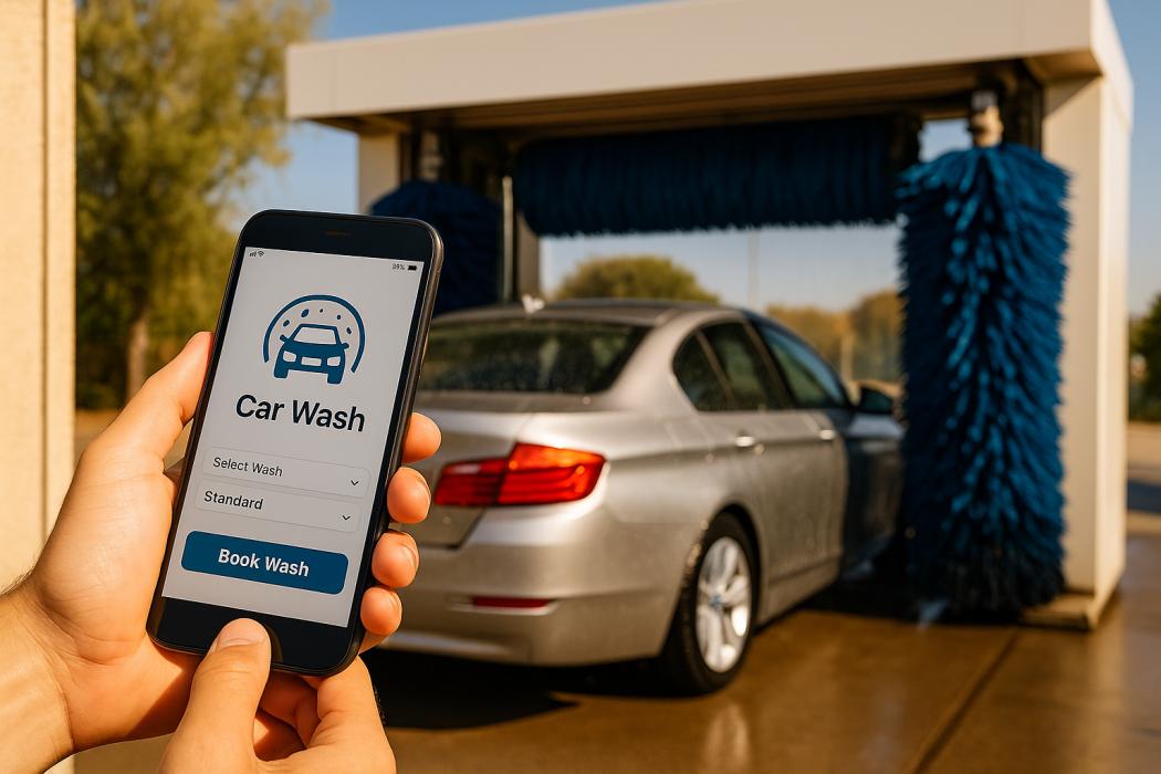 Symbolbild: Digitale Autowäsche: Per Smartphone lässt sich die Fahrzeugreinigung direkt an der Waschanlage buchen. | Foto: KI-generiert