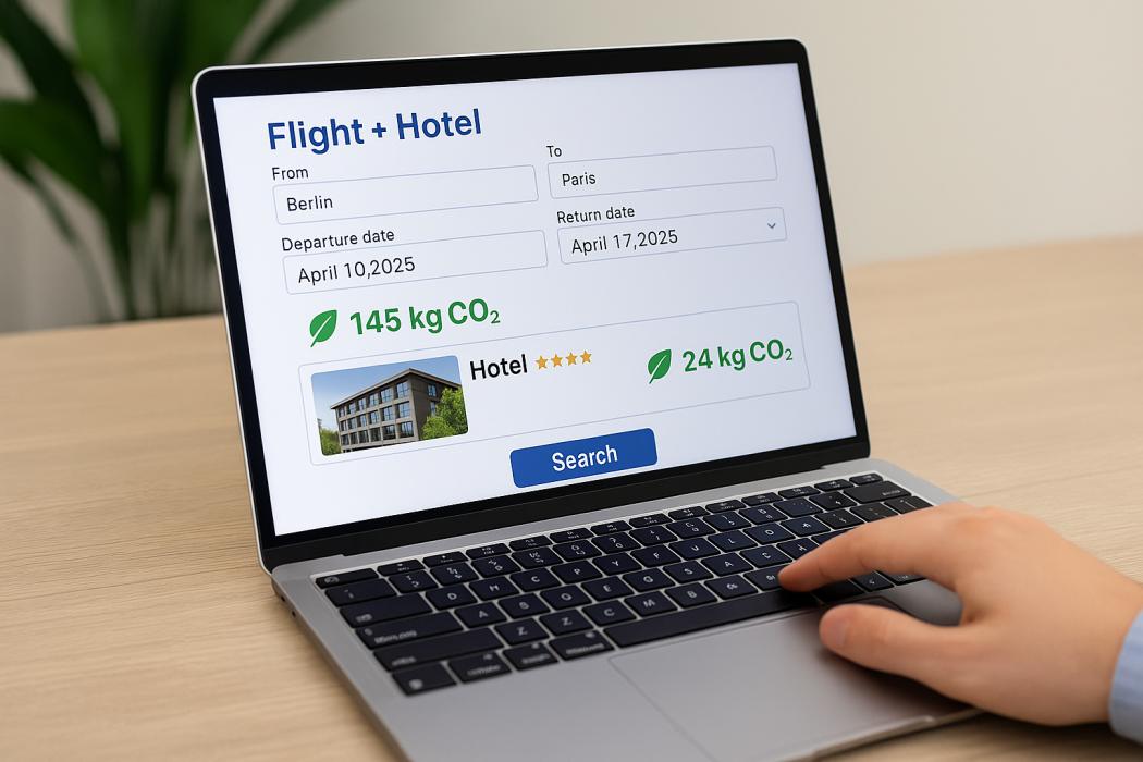 Ein CO₂-Wert direkt bei der Buchung: Digitale Buchungssysteme zeigen dank KlimaLink erstmals die Klimawirkung von Flügen und Hotels am Point-of-Sale an. | Symbolbild: KI-generiert