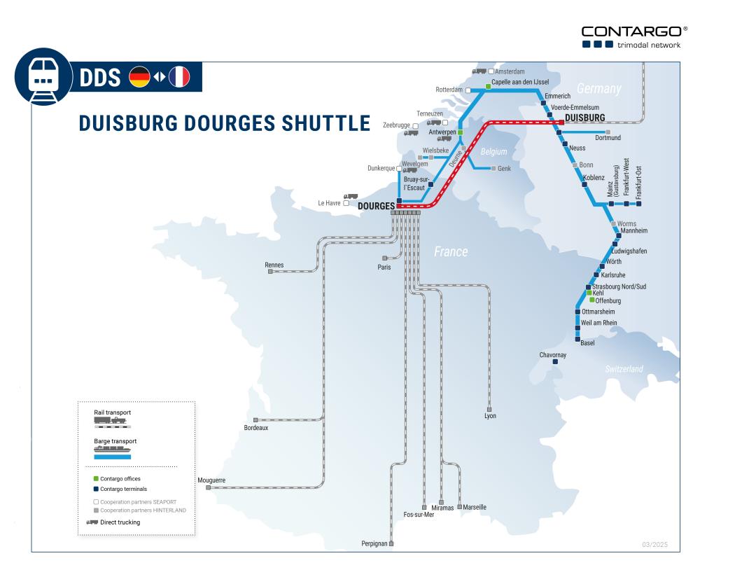 Duisburg Dourges Shuttle (DDS): Ab August 2025 verbindet er mit drei Rundläufen pro Woche das Terminal in Dourges mit Duisburg. (Grafik: Contargo)