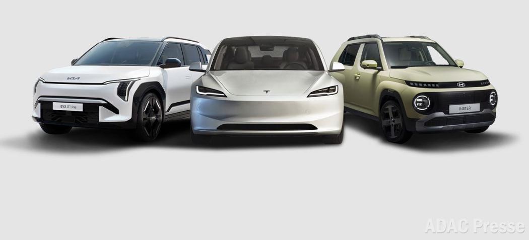 Gutes Preis-Reichweiten-Verhältnis: Bei Teslas Model 3, Kia EV3 und Hyundai Inster bekommen Kunden am meisten für ihr Geld. | Foto: ADAC