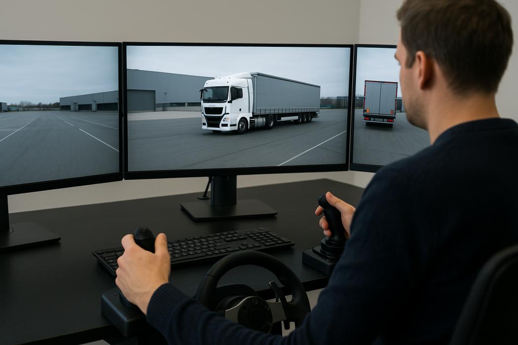 Symbolbild: Ein Teleoperator steuert ein Nutzfahrzeug aus der Ferne: Am Leitstand überwacht er das Fahrgeschehen per Livebild und gibt bei Bedarf präzise Steuerimpulse. (Bild: KI-generiert mit DALL·E / OpenAI)
