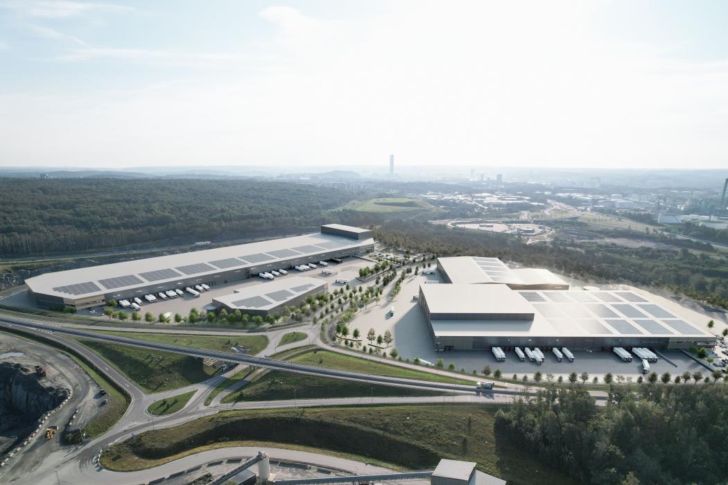Konzept-Rendering des Halvorsäng Logistics Park, der derzeit nur einen Steinwurf vom Göteborger Hafen entfernt entwickelt wird. Der erste Mieter soll 2026 einziehen. Foto: Castellum/Hafen von Göteborg.