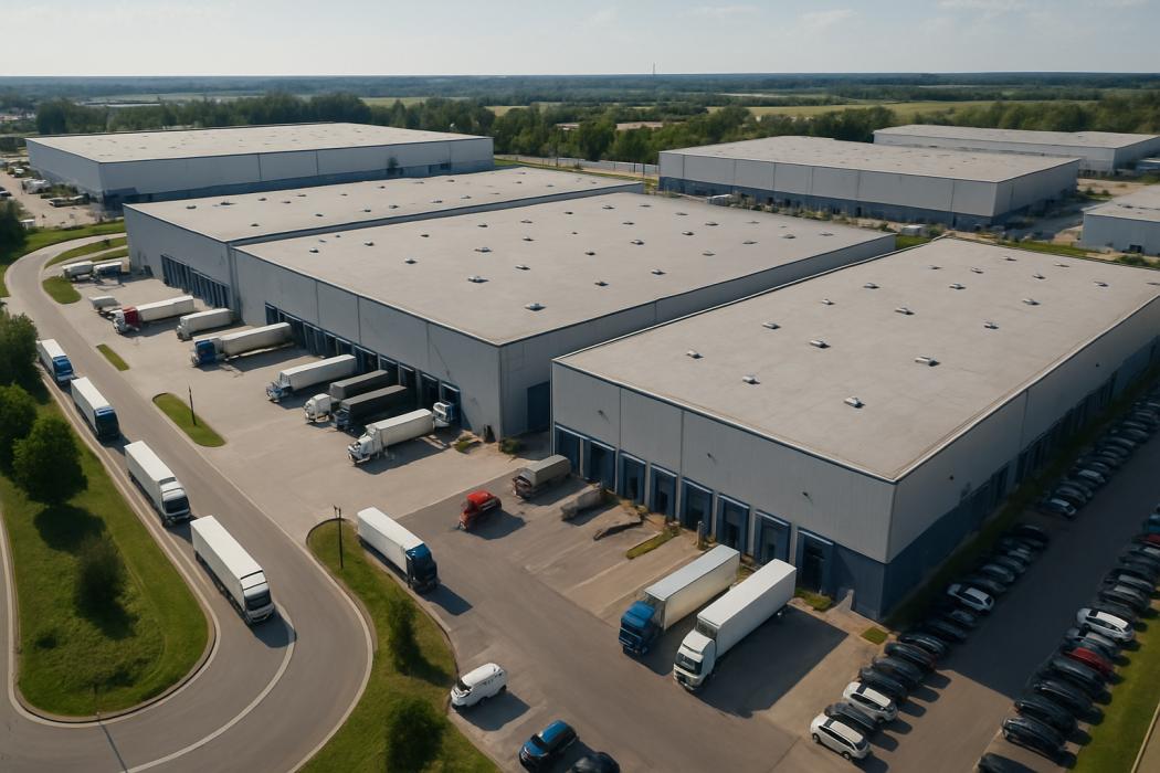 Moderne Logistikzentren prägen zunehmend das Landschaftsbild an verkehrsgünstigen Standorten – mit hohem Flächenbedarf und klarer Funktionalität. | Foto: DALL-e