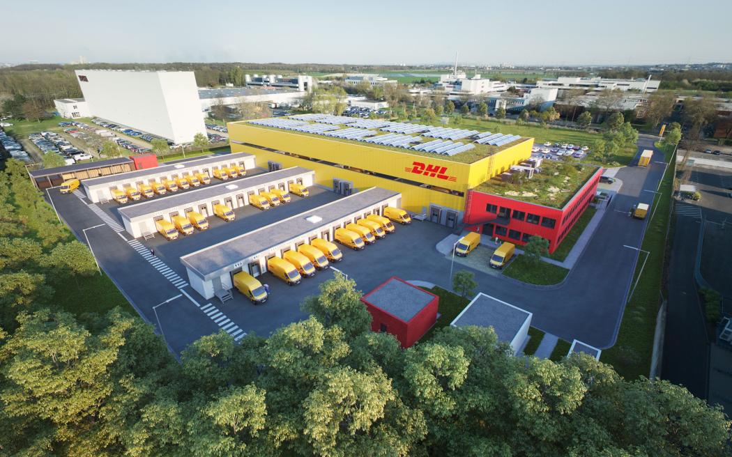 Der 20.000 Quadratmeter große Neubau von DHL Express soll mit modernster Technik ausgestattet werden und die CO₂-Bilanz reduzieren. Der neue Standort ist rund zehn Kilometer vom bisherigen Standort in der Escherstraße entfernt. Foto: DHL Group