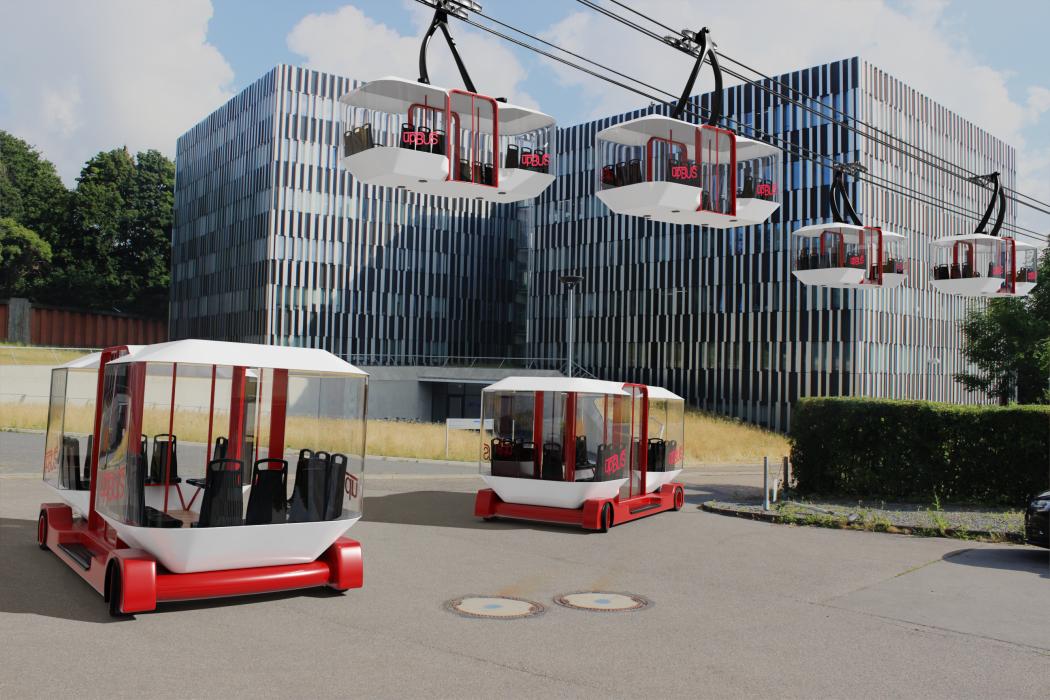 Hochgefahren: Der „upBUS“ aus dem gleichnamigen Forschungsprojekt soll nahtlos vom Seilbahn- in den Elektrokleinbus-Betrieb wechseln können. | Bild: Grafik: RWTH Aachen