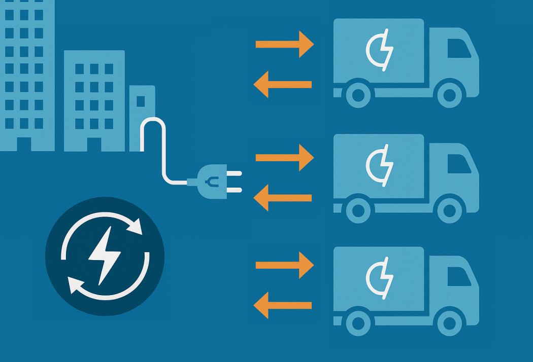 Symbolbild E-Lkw speisen Elektrizität ins Stromnetz: Vehicle2Grid hat große Zukunft durch die ISO 15118, aber: Dafür braucht es die Kooperationen aller Beteiligten. | Illustration: KI-generiert/DALL-E/HUSS-VERLAG